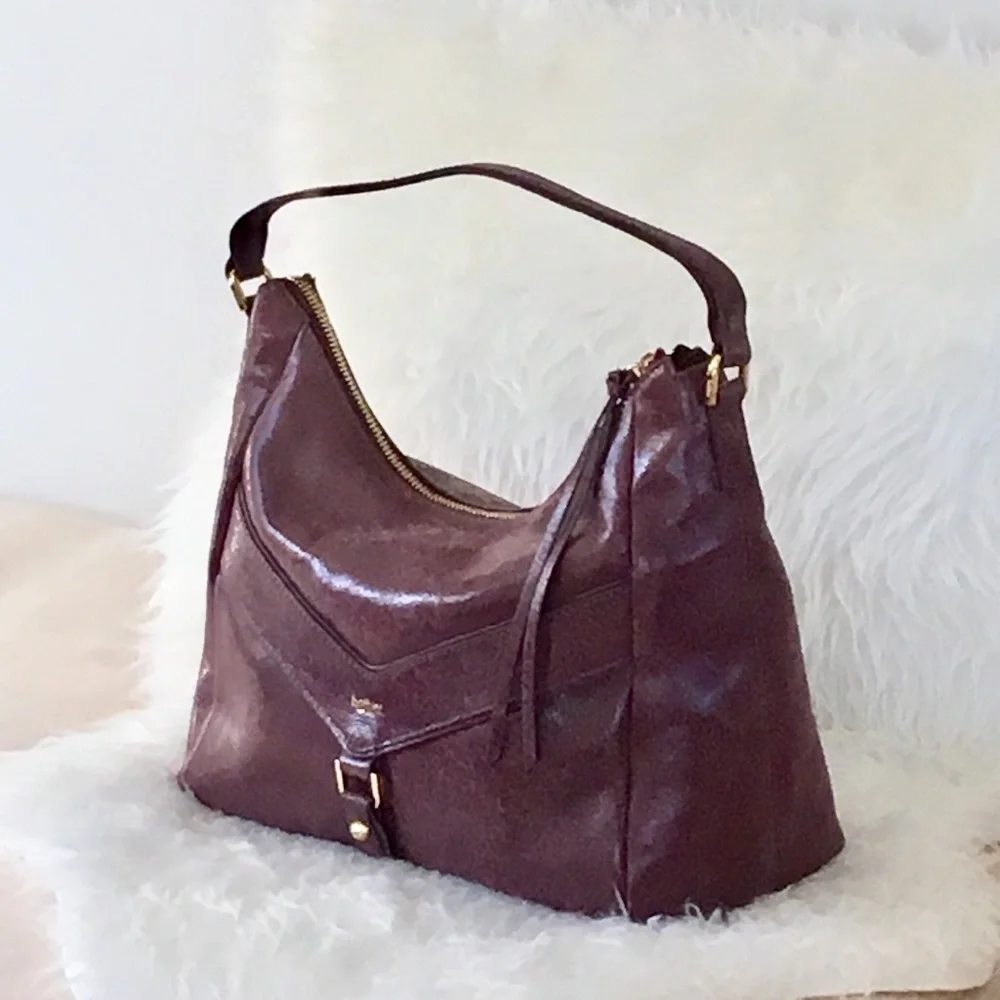 Botkier Purple Distressed Leather Hobo Zip Top Pocket Bag